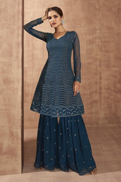 Ready To Wear Prussian Blue Georgette Peplum Style Sharara Suit With Dupatta