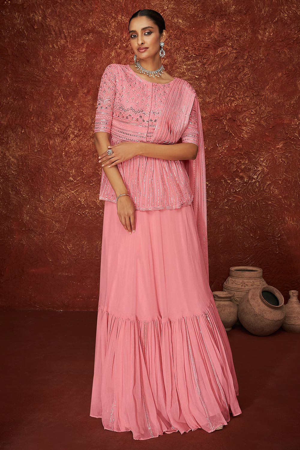 Red Color Embroidered Georgette Peplum Sharara Suit
