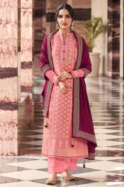 Blush Pink Silk Jacquard Kurta Set