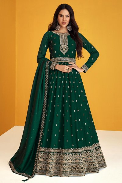 Bottle Green Silk Embellished Anarkali Dress
