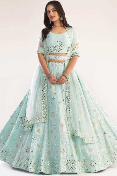 Mint Blue Embellished Georgette Lehenga