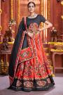 Black & Red Embellished Silk Lehenga Set With Potli Bag For Navratri