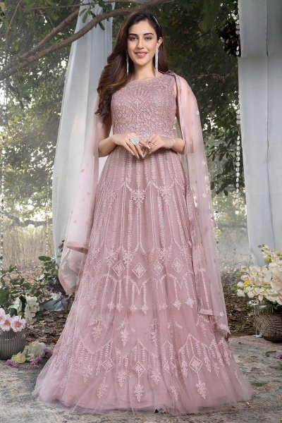 Dusty Rose Pink Net Embroidered Anarkali Dress