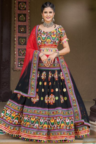 Black Cotton Embroidered Lehenga Choli Set For Navratri