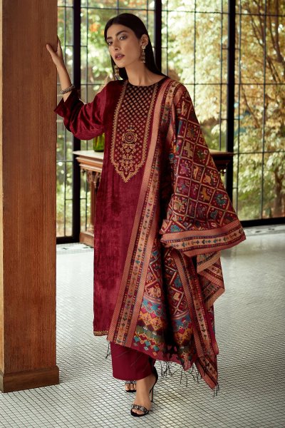 Deep Red Velvet Embroidered Suit With Woven Silk Dupatta