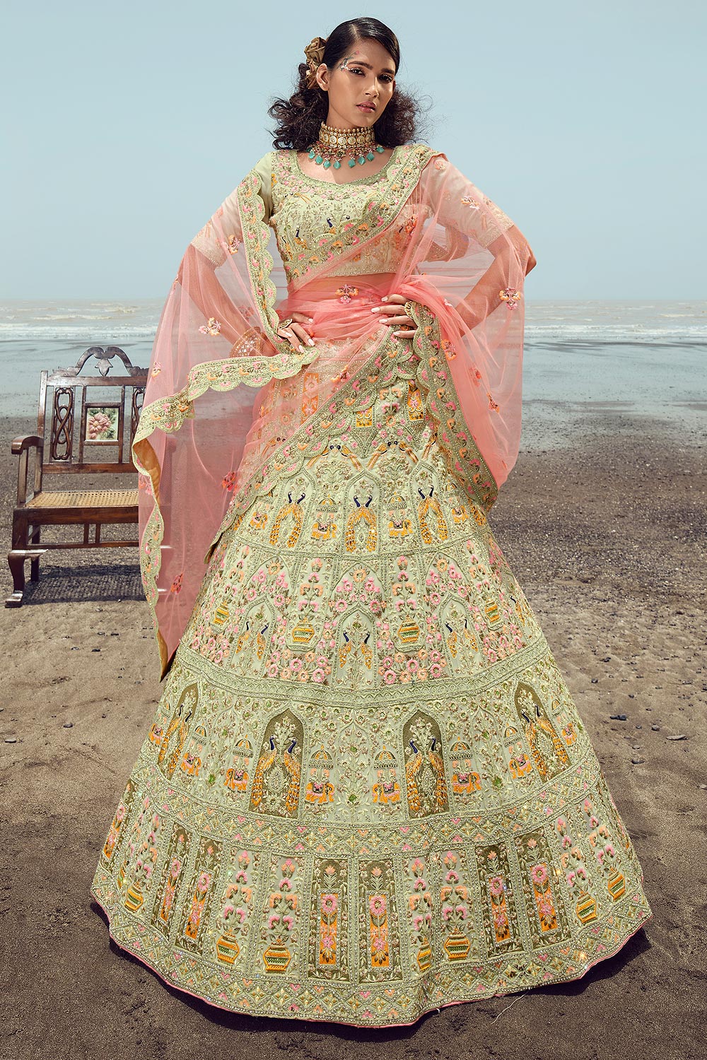 Green Georgette Embroidered Lehenga Choli