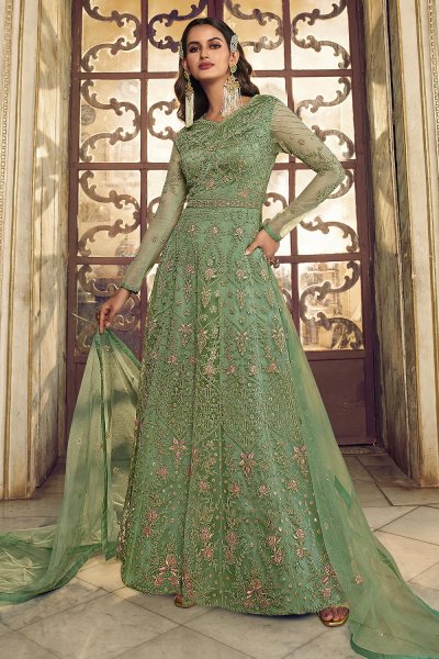 Earthy Green  Net Embroidered Anarkali Dress