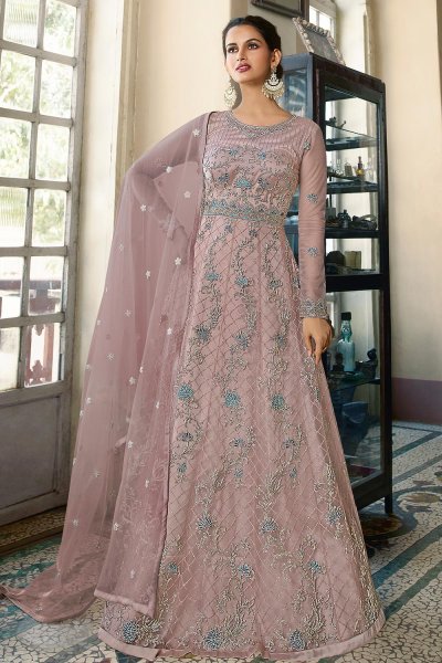 Dusty Rose Pink  Net Embroidered Anarkali Dress