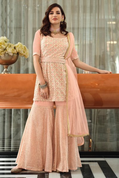 Ready To Wear Light Peach Georgette Embroidered Top & Sharara Set With Dupatta