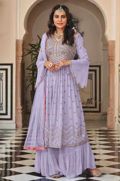 Lavender Embroidered Georgette Sharara Set With Dupatta