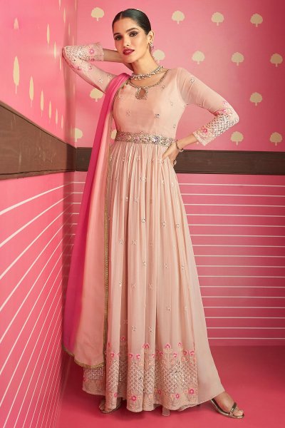 Light Peach Embroidered Side Slit Georgette Anarkali Set With Palazzo