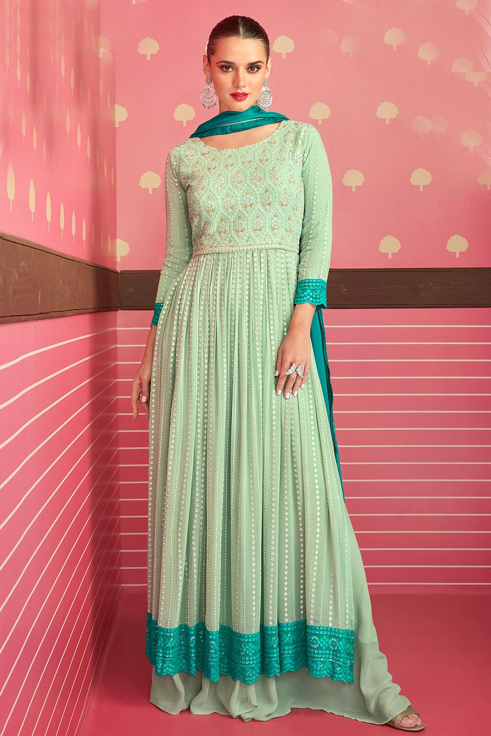 Pink & Peach Ombre Slit Georgette Skirt Style Anakali Suit