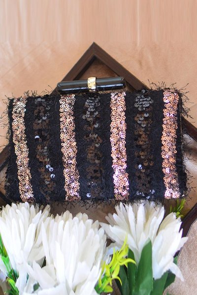 Furry Black Sequin Embroidered Clutch Bag