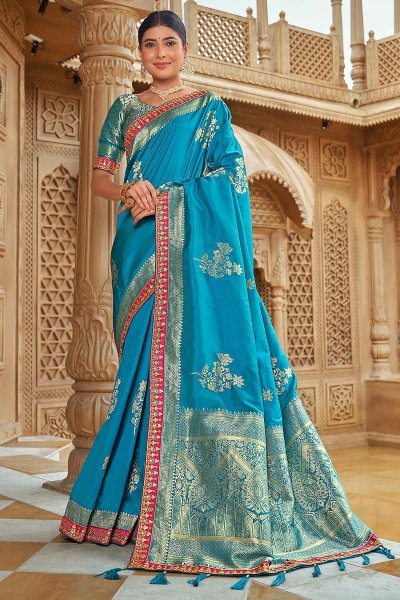 Turquoise Blue Banarasi Silk Woven Saree