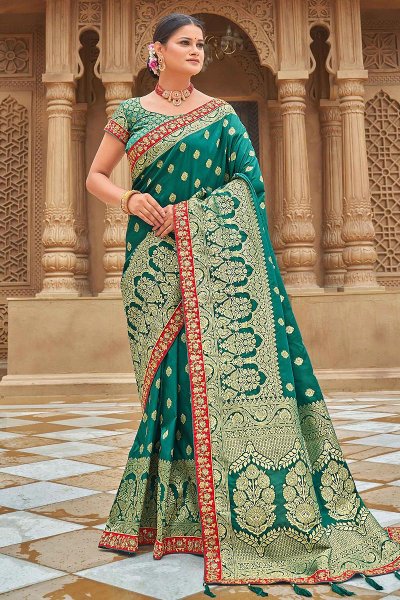 Dark Green Banarasi Silk Woven Saree