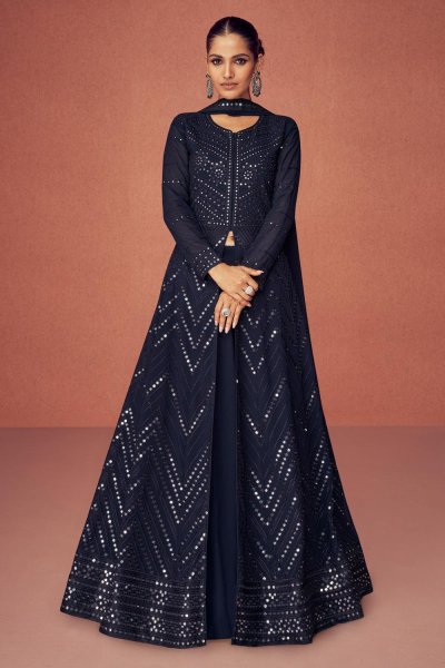 Deep Blue Georgette Embroidered Anarkali Dress