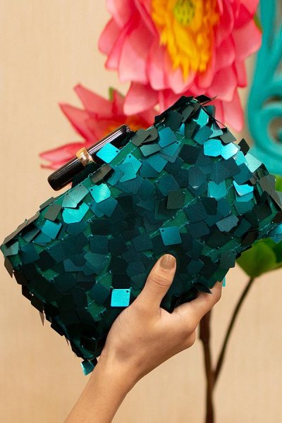 Emerald Green Sequin Embroidered Clutch Bag