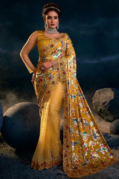 Mustard Premium Net 3D Flowers Embellished Saree
