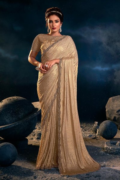 Gold Beige Premium Luxe Fabric Sparkling Embellished Saree