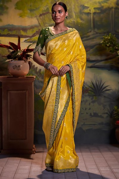 Mustard Embellished Silk Saree