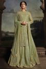 Olive Green Net Embroidered Kurti Set With Flared Palazzo