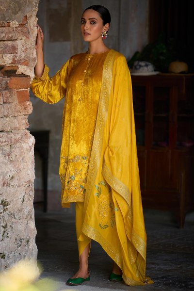 Mustard Velvet Embroidered Kurta Set With Beautiful Embroidered Woven Silk Dupatta