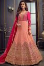 Peach & Fuchsia Pink Jacquard Anarkali Suit with Zari Embroidery