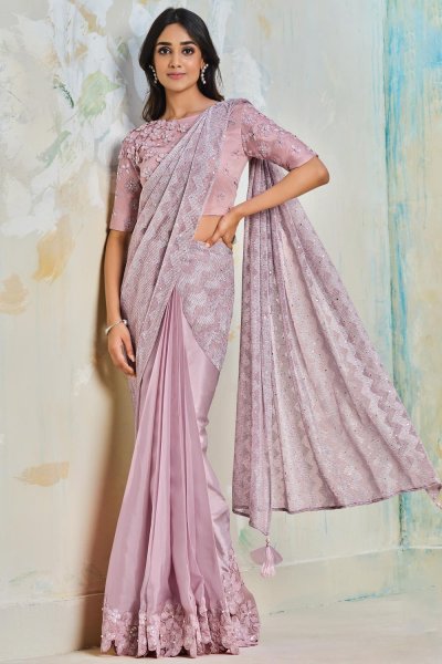 Pre-Draped Dusty Pink Satin-Silk Designer Saree