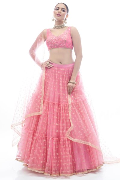 Blush Pink Net Embellished Lehenga Set