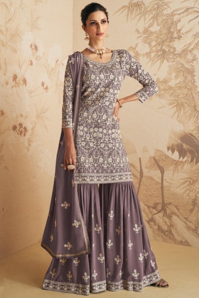 Dusty Mauve Georgette Embroidered Sharara Suit