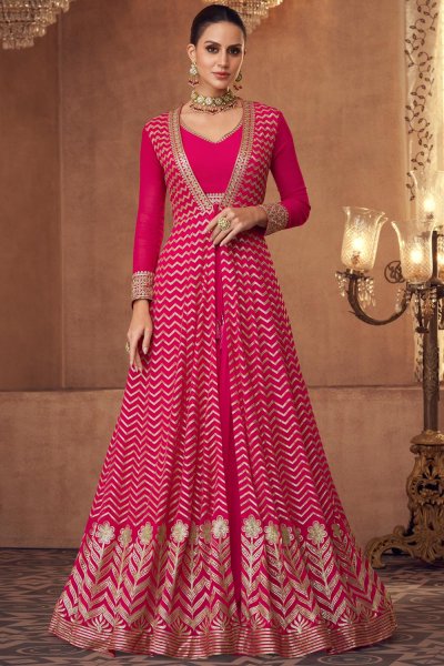 Indo-Western Pink Georgette Anarkali style suit With Top & Skirt