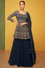 Navy Blue 3 Piece Georgette Embroidered Peplum Top & Skirt With Dupatta