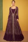 Wine Silk  Indo Western Anarkali Style Gown With A jacket & Dupatta