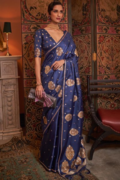 Navy Blue Satin Silk Zari Weaved Saree