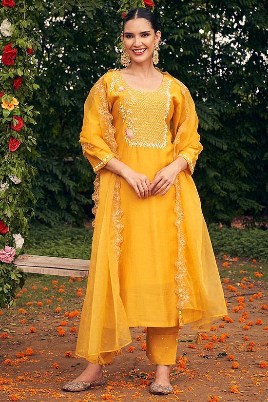 Women Yellow Organza Silk Embroidery Work Kurta Set With Dupatta