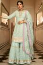 Mint Georgette Embroidered Sharara Suit Set
