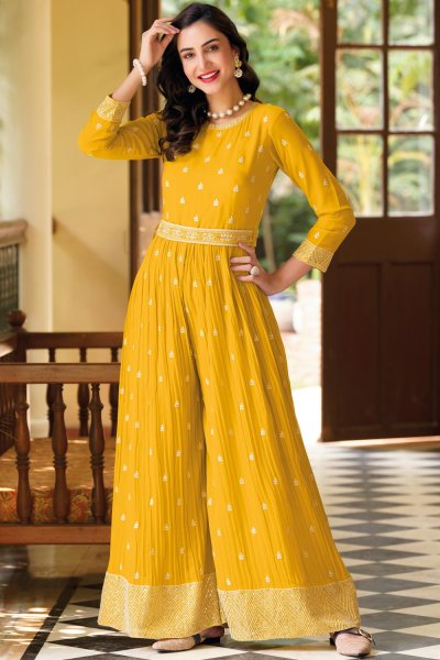 Ready To Wear Mustard Embroidered Georgette Indo-Western Jumpsuit