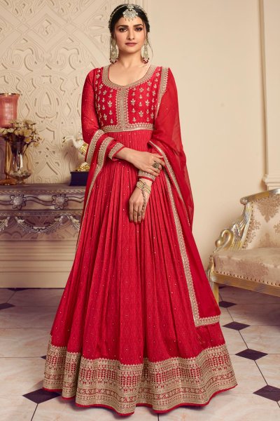 Red Bandhani Print Silk-Chiffon Embroidered Anarkali Dress