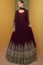 Wine Embroidered Georgette Anarkali Dress With Skirt