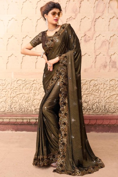 Chocolate Brown 3D Flower Embellished Luxe Saree