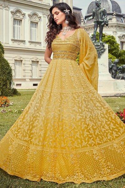 Ready To Wear Mustard Georgette Embroidered Anarkali Dress