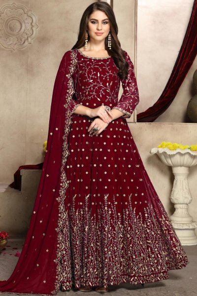 Deep Red Georgette Embellished Anarkali Dress