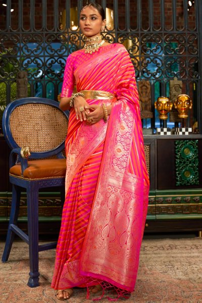 Coral Pink Handloom Weaved Satin Silk Saree