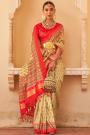 Beige Yellow & Red Tussar Silk Zari Woven Saree