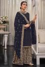 Deep Navy Blue Georgette Embroidered Suit With Sharara