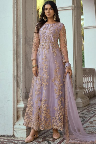 Lilac Net Embellished Anarkali Dress
