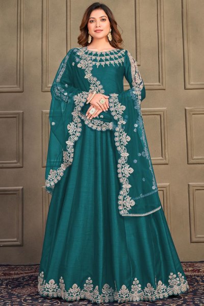 Teal Silk Embroidered Anarkali Dress