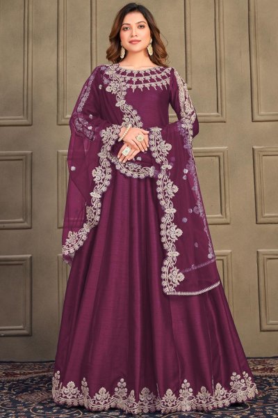 Plum Silk Embroidered Anarkali Dress