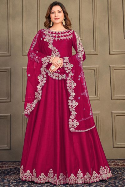 Red Silk Embroidered Anarkali Dress