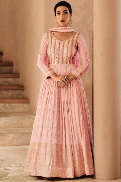 Peach Chinon Embroidered Anarkali Suit
